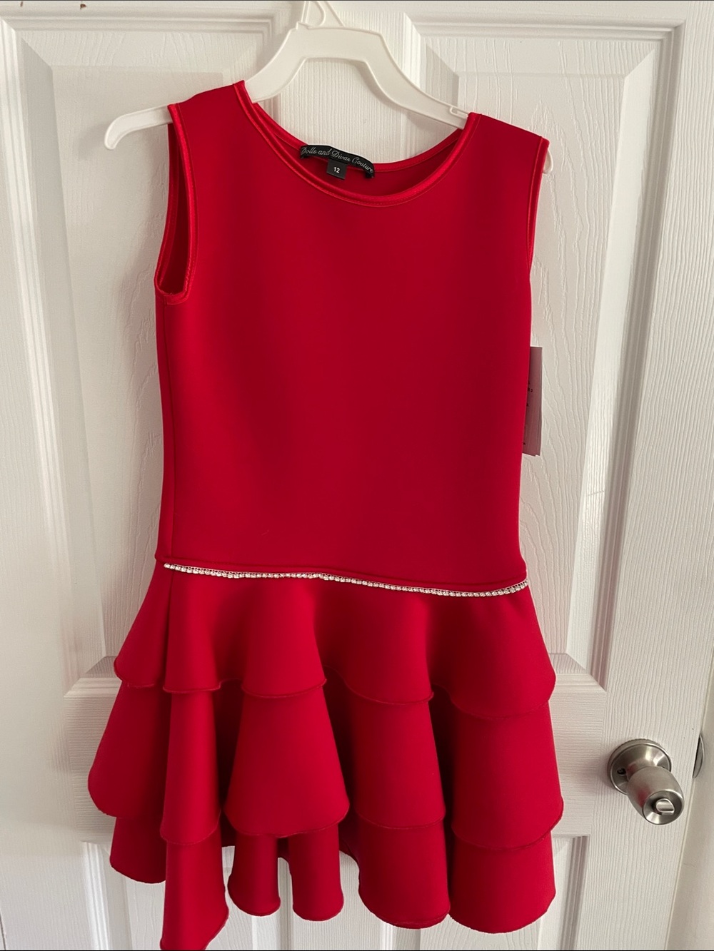 Tucker Red Tiered Ruffle Dress with Rhinestone Waist Trim